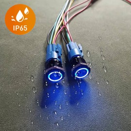Gebildet Pack of 2 0.63 inch/16 mm Metal Black Push Button 12V-24V 3A LED 1NO1NC SPDT ON Off Waterproof with Wire Socket Plug (Blue LED)