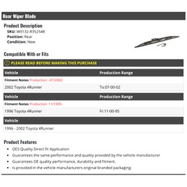Marketplace Auto Parts Rear Wiper Blade - Compatible with 1996-2002 Toyota 4Runner (Fits From 11/1995 Up To 07/2002)