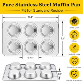 Homikit 2 Pack Muffin Pan, Stainless Steel Cupcake Baking Tin with 6 Cups Regular Size, 11.4 x 7 Inches Metal Egg Bites Tray for Toaster Oven, Rust Free & Non Toxic, Easy Release & Dishwasher Safe