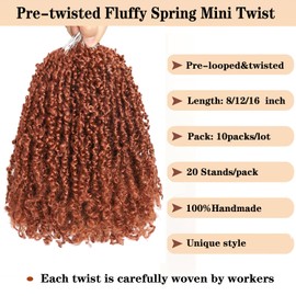 10 Packs Yanky Twist Crochet Hair 8 Inch Pre-twisted Natural Black Kinky Mini Spring Twist Small Curly Senegalese Twist Braids Yankee Twist (350#(Ginger Red), 8 Inch (Pack of 10))