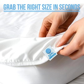 XMJY King Bed Sheet Labels, 8 Pcs Snap-On Tags for Easy Bed Making, Machine Washable Sheet Labels for Size Identification