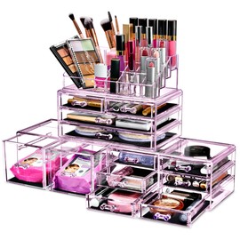 Sorbus Large Makeup Organizer - Clear Stackable Jewelry & Makeup Organizer For Vanity, Bathroom Storage, Dresser - 12 Drawers Cosmetic Beauty Organizers and Storage with Lipstick, Makeup Brush Holder