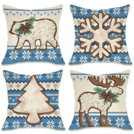 Fahrendom Blue Winter Decorative Throw Pillow Covers 18 x 18 Set of 4, Kniting Style Polar Bear Deer Snowflake Pine Tree Porch Patio Outdoor Pillowcase, Christmas Flower Sofa Cushion Case Home Decor
