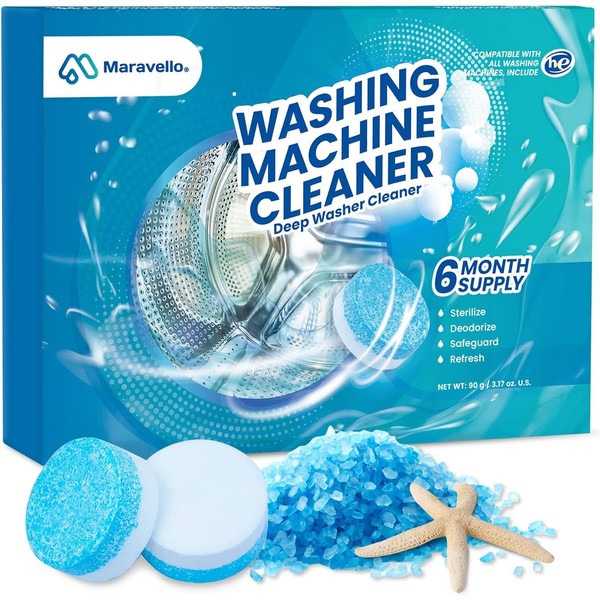 Maravello Washing Machine Cleaner 6-Tablets, Professional Active Oxygen Formula Washer Cleaner for Front Load and Top Load, 6 Counts, Sea Salt Fresh Scent