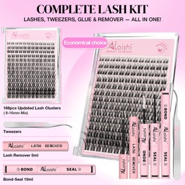 Lash Clusters Kit, DIY Cluster Eyelash Extensions 10‑18mm, 168pcs Fluffy D Curl Natural Lashes with Lash Bond and Seal, Lash Tweezers, Remover–Natural Fake Cat Eye Individual Manga Clusters（MIX2-1-L）