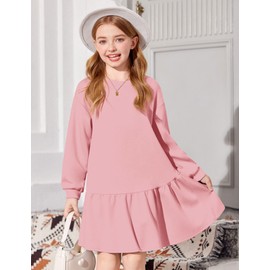 Arshiner Girls Dresses Long Sleeve Pullover Tops Drop Shoulder Sweatshirt Casual Dress with Pockets Pink Kids 5-6 Y