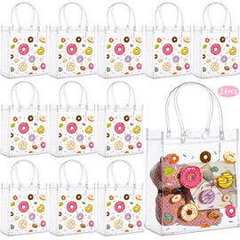 Saypacck 24 Pcs Donut Party Favor Gift Bags Plastic Clear Gift Bags with Handles Donut PVC Shopping Handbags Candy Themed Goodie Holder for Party Supplies Birthday Treat (5.1 x 5.9 x 2.7 Inches)