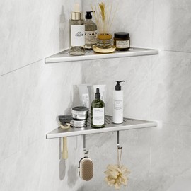 AJOBEND Corner Shower Shelves with Razor Slot & 2 Hooks, 10" Stainless Steel Recessed Triangle Shelf Racks for Bathroom, Grout in Shelf for Tiled Wall, 2 Pack (Holds 15lbs)