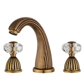 Antique Brass Bathroom Faucet Gold Three Holes Widespread Crystal Handle Bathroom Sink Faucets Retro Vintage Lavatory Vanity Faucet