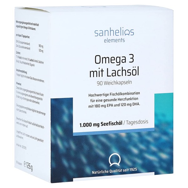 Sanhelios® Omega 3 1000 mg Fish Oil Capsules - High Dose - 180 mg EPA & 120 mg DHA per Capsule - 90 Capsules = 3 Month Pack - Only Natural Ingredients - Made & Tested in Germany