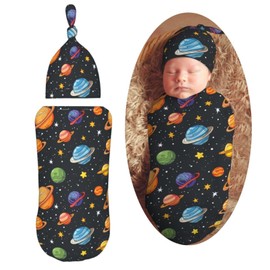 KiuLoam Cartoon Cute Space Solar System Newborn Swaddle Blanket with Hat Set Soft Baby Receiving Blankets Baby Swaddle Sack for Baby Boys Girls