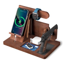 Wood Gun Holder Mens Gift Phone Wallet Docking Station Military Watch Night Stand Key Holder Side Table Charging Station Portable Small Item Storage Station