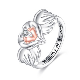 JERWLI Angel Wing Footprint Ring 7 Sterling Silver Mothers Rings Mommy of an Angel Memorial Rings for Women Angel Wing Footprint Jewellery Gifts