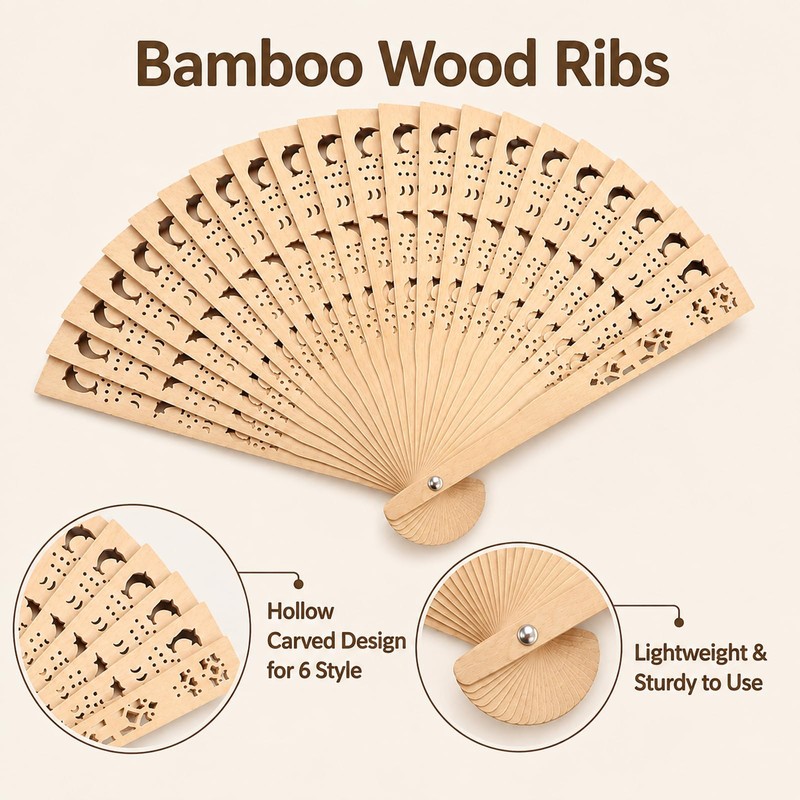 Ligynotu 6Pcs Vintage Bamboo Folding Fans Wedding Wooden Hollow Carved