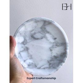 EXCHUES Natural Marble Tray, 6 inches Inside Raised Edges Round Serving Board, Bathroom Organizers and Storage, Stone for Home Kitchen Vanity Countertop Decor (Marble, White)
