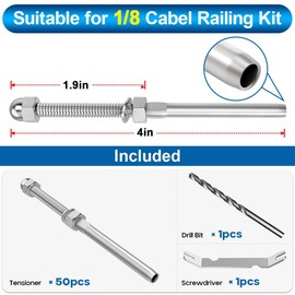 TooTaci 50 Packs 1/8 Cable Railing Hardware for 2" x2" Wood Post, T316 Stainless Steel Handed Swage Threaded Stud Tensioner Marine Grade for Deck Railing, Balconies, Stairs Decor, Yards Fence