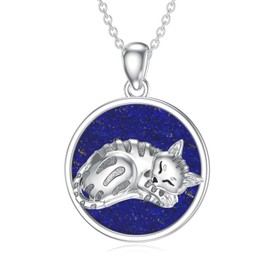 BETHZA Cat Necklace 925 Sterling Silver Genuine Lapis Lazuli Gemstone Cat Pendant Animal Jewelry Gifts for Women