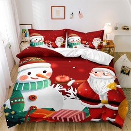 Gezu Christmas Bed Linen Set 135 x 200 cm Santa Claus Snowman Pattern Boys and Girls Christmas Gift Microfibre Christmas Red Duvet Cover 135 x 200 cm with Pillowcase 80 x 80 cm