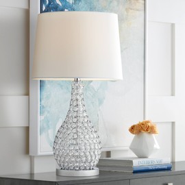 Possini Euro Design Kasey Modern Table Lamp 27" Tall Clear Acrylic Beaded Chrome Silver White Tapered Drum Shade for Bedroom Living Room House Home Bedside Nightstand Office Entryway Kids Family