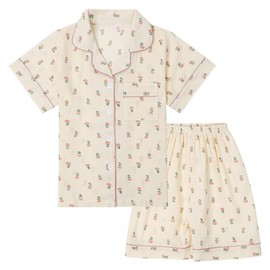 MASOCIO Girls Pajamas Set Kids Girl Pjs Short Sleeve Print Button Down Children 2PCS Pjama Summer Clothes Nightwear with Shorts Beige Flowers Age 11-12 Years Old