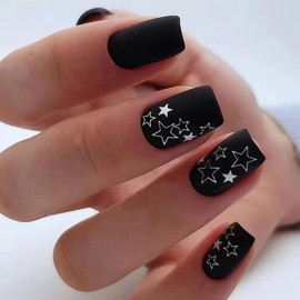 ANDGING Matte Black Press on Nails Short Medium Square Glue on Nails for Women Fake Nails with Star Aesthetic Designs Manicure Stick on Nails Acrylic Gel Artificial False Nails for Wedding