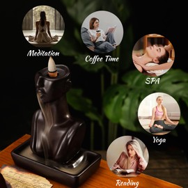 Backflow Incense Burner Incense Stick Holder Ceramic Incense Holder with Backflow Incense Cones Mat Tweezers for Home Decoration Yoga Meditation Office Bedroom Dark Brown