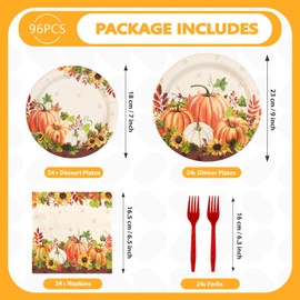 Grencian 96Pcs Fall Pumpkin Sunflower Party Supplies Thanksgiving Plates and Napkins Tableware Sets Vintage Pumpkin Sunflower for Fall Thanksgiving Friendsgiving Party Serves 24