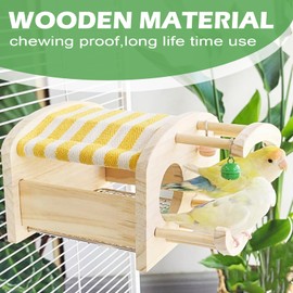 Wooden Bird Nest Parrot Bed with Ladder and Bell - Detachable Bottom Stainless Steel mesh Base, Bird Cage Accessories for Parakeets Cockatiels