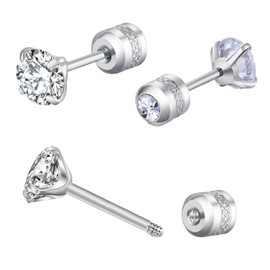 5MM Tiny CZ Screw On Flat Back Stud Earrings for Women Men Girls,Unisex Stainless Steel Silver Stud Earrings Cartilage Hypoallergenic,Dainty Double Sided Round Cubic Zirconia Earrings Jewelry Gifts