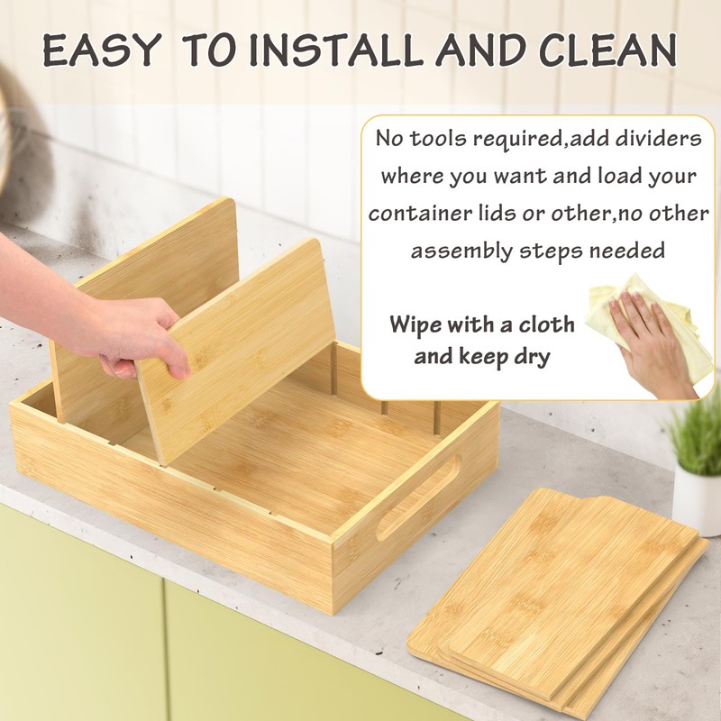 Retro Shaw Bamboo Food Container Lid Organizer with Adjustable Dividers