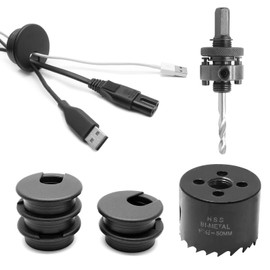 Jersvimc 2 Inch Cord Desk Grommet (5Pcs) and Hole Saw Kit, Black Wire Hole Cover Furniture Cable Grommet Drill Bit Set Bi-Metal Hole Saw Cover for Table Office Desktop