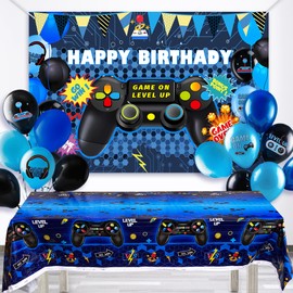 15 PCS Complete Video Game Party Decoration Set 1 Backdrop 1 Tablecloth 13 Latex Balloons and More Perfect for Gamer Party Supplies Boys and Girls Birthday Celebration