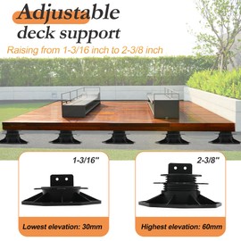 Deck Blocks, 10PCS Adjustable Deck Support Plastic Pedestal Paver, Shed Foundation Base Deck Block Floor Raising 1-3/16" to 2-3/8", Joist Support Pedestals for Wood WPC Aluminum Foundation Kit