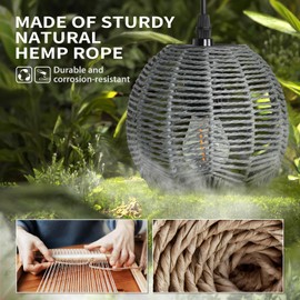 N05 3 Lights Adjustable Length Pendant Light,Pendant Light Fixture with Woven Handmade Basket + N01 100% Dimmer Wall Sconce with Hand Woven,Rattan Boho Wall Lamp,Farmhouse Wall Mount Light Fixture