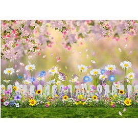7x5ft Spring Easter Garden Photography Backdrop Grass Lawn Pink Floral Butterfly Fence Background Baby Shower Birthday Party Backgrounds 060