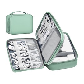 miloocul Large Capacity Electronics Accessories Organizer Travel Case with Adjustable Divider Waterproof Leather Cord Organizer Case Shockproof Tech Organizer Case (Light Green, Double Layer-Small)