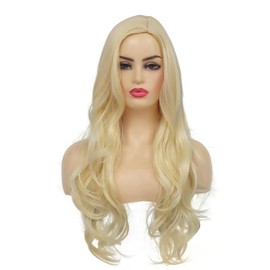 PORSMEER Long blonde Wavy Curly Wig for Women Ladies Fancy Dress Charming Full Hair Long Replacement Wigs for Cosplay Party 28 inches Synthetic Wig with Rose red Square Scarves