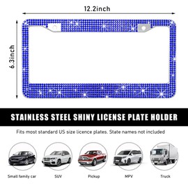 Ohleats Car License Plate Frame, Sparkling Stainless Steel License Plate Frame, Bling Diamond License Plate Holder Cover for Women Men, Universal Exterior Car Accessories (Dark Blue)