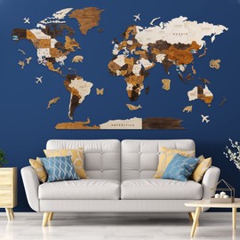 Multilayered Wood World Map Wall Art, Large Wood Art Wall Decor, Mapa Mundi Para Pared, World Maps for Wall Push Pins, Travel Painting, World Traveler Map with Pins, World Wide Map, Mom Gifts (Large)