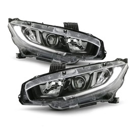AKKON - Fits 2016-2021 Honda Civic [Halogen Type] Projector Black Headlights Pair Headlamp Left Driver + Right Passenger
