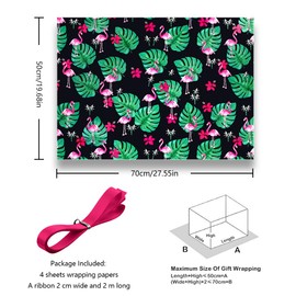 Summer Tropical Flamingo & Monstera Palm Leaves Hibiscus Black Gift Wrapping Paper-(28"x20" Per Sheet, 4-Sheets, 1-Design: 15 sq. ft. ttl), With 2m length Hot Pink Ribbon for Safari Jungle Luau Hawaiian Party Decoration