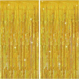 Glitter Foil Curtain Backdrop, 2 pcs 3 ft X 8.3 ft Tinsel Fringe Curtains, Party Supplies Photo for princess Birthday Wedding Holiday Graduation Bridal Shower Backdrop Decoration (Laser Gold)