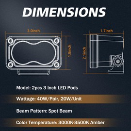 Rfroad Lighting Amber LED Pods, 3 Inch 40W LED Fog Lights Spot Beam Chase Light Small LED Pods Lights Ditch Lights 2 Packs for Motorcycle Truck UTV SUV ATV Dirt Bike Boat