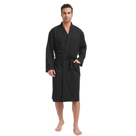 FashGudim Mens Lightweight Waffle Knit Robe Soft Kimono Spa Bathrobes Knee Length Summer Robes (Black,5XL)
