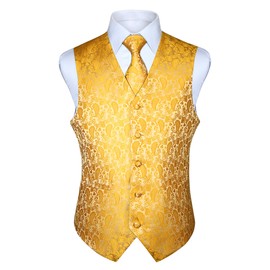 Hisdern Men's Paisley Wedding Party Waistcoat Necktie Pocket Square Handkerchief Jacquard Vest Suit Set , Deep Yellow, L(Chest size 46 inch)