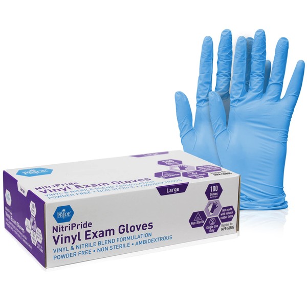 Med PRIDE NitriPride Nitrile-Vinyl Blend Exam Gloves, Large 100 - Powder Free, Latex Free & Rubber Free - Single Use Non-Sterile Protective Gloves for Medical Use, Cooking, Cleaning & More