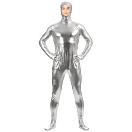 VSVO Shiny Spandex Open Face Full Bodysuit Zentai Suit for Adults and Children (Medium, Silver)
