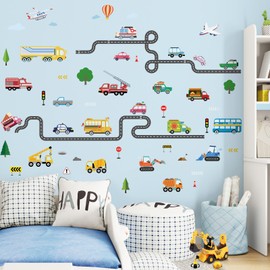 SHUCHING Transportation Car Wall Decals Peel and Stick, Vinyl Construction Vehicles Wall Sticker, Truck and Road Wall Decor Art for Nursery Baby Playroom Kids Bedroom