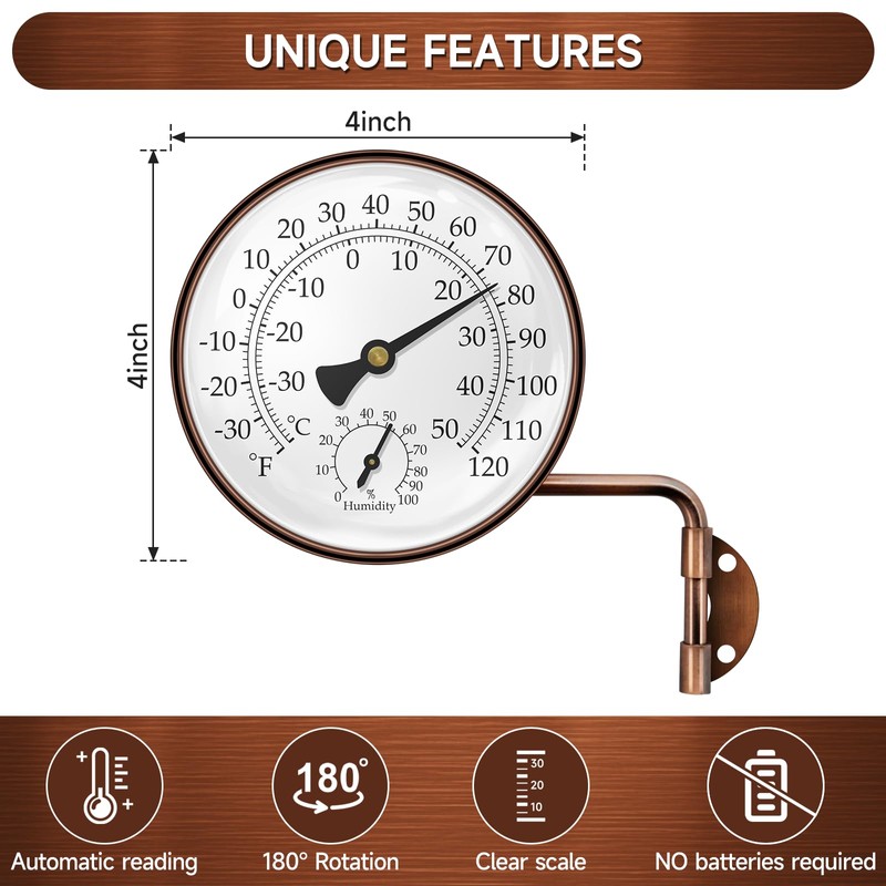 4" Brass Outdoor Thermometer Waterproof, Outside Decorative Thermometer for Patio,