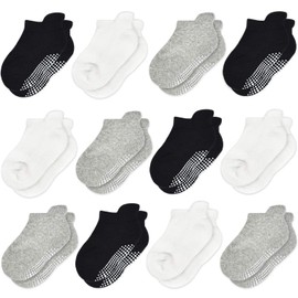 HYCLES Stopper Socks Children - 12 Pairs ABS Socks Children Baby Boys Toddler Non-Slip Socks for 0-7 Years Non-Slip Socks Girls, 01# Black*4+Light Grey*4+White*4
